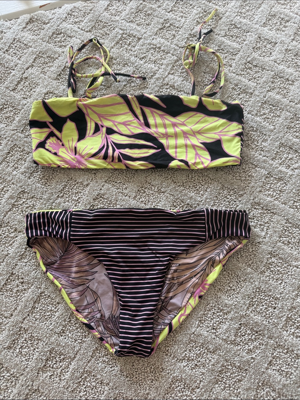 Maaji Tropical Print Bandeau Bikini Set in Neon Lime & Black - Reversible - XS